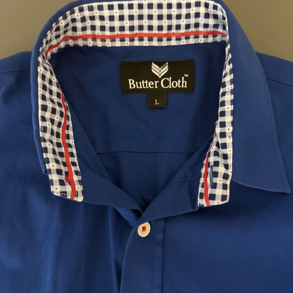 Buttercloth Shirt Mens Large Blue Button Up Long Sleeve Regular Flip Cuff - Picture 7 of 8